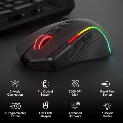 Redragon M612 PRO RGB Gamer Egér 8000 DPI Vezetékes/Vezeték Nélküli 9 Programozható Gombbal, 6 Háttérvilágítási Móddal, Bluetooth és 2.4G Ka