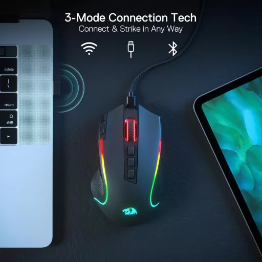 Redragon M612 PRO RGB Gamer Egér 8000 DPI Vezetékes/Vezeték Nélküli 9 Programozható Gombbal, 6 Háttérvilágítási Móddal, Bluetooth és 2.4G Ka