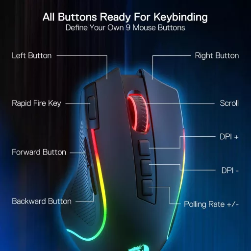 Redragon M612 PRO RGB Gamer Egér 8000 DPI Vezetékes/Vezeték Nélküli 9 Programozható Gombbal, 6 Háttérvilágítási Móddal, Bluetooth és 2.4G Ka