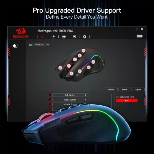 Redragon M612 PRO RGB Gamer Egér 8000 DPI Vezetékes/Vezeték Nélküli 9 Programozható Gombbal, 6 Háttérvilágítási Móddal, Bluetooth és 2.4G Ka