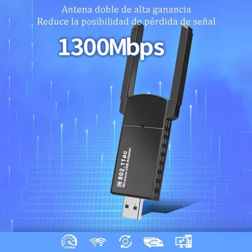 JESWO Dual Band WiFi USB Adapter 1300Mbps - Nagy Hatótávolságú 2×5dBi Antennával, 5GHz/2.4GHz, Windows 11/10/8/7/XP Kompatibilis