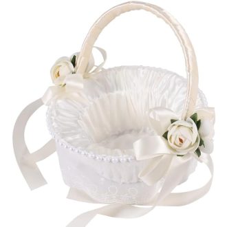   Bzocio Kézműves Virágkosár Esküvői Dekorációhoz - Kerek Luxus Tárolókosár Masnival, Fehér Szatén, 21,5x23,5 cm, Sziromszóró Kislányoknak