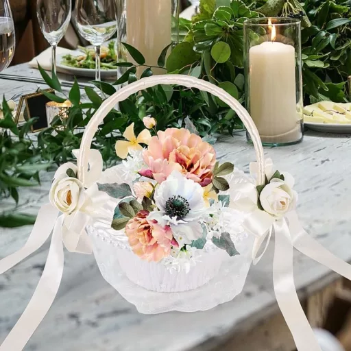 Bzocio Ručno rađena košarica za cvijeće za dekoraciju vjenčanja - Okrugla luksuzna košara za pohranu s mašnom, bijeli saten, 21,5x23,5 cm, za djevojčice koje posipaju latice