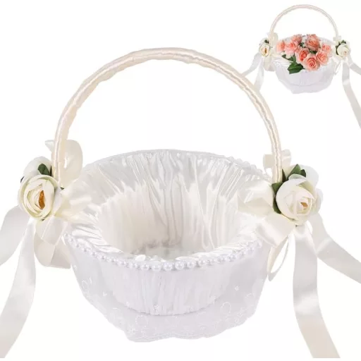Bzocio Kézműves Virágkosár Esküvői Dekorációhoz - Kerek Luxus Tárolókosár Masnival, Fehér Szatén, 21,5x23,5 cm, Sziromszóró Kislányoknak