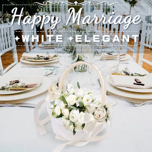 Bzocio Kézműves Virágkosár Esküvői Dekorációhoz - Kerek Luxus Tárolókosár Masnival, Fehér Szatén, 21,5x23,5 cm, Sziromszóró Kislányoknak