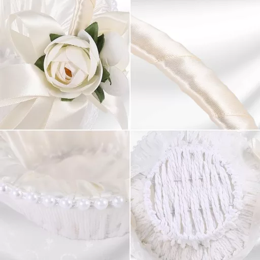 Bzocio Kézműves Virágkosár Esküvői Dekorációhoz - Kerek Luxus Tárolókosár Masnival, Fehér Szatén, 21,5x23,5 cm, Sziromszóró Kislányoknak