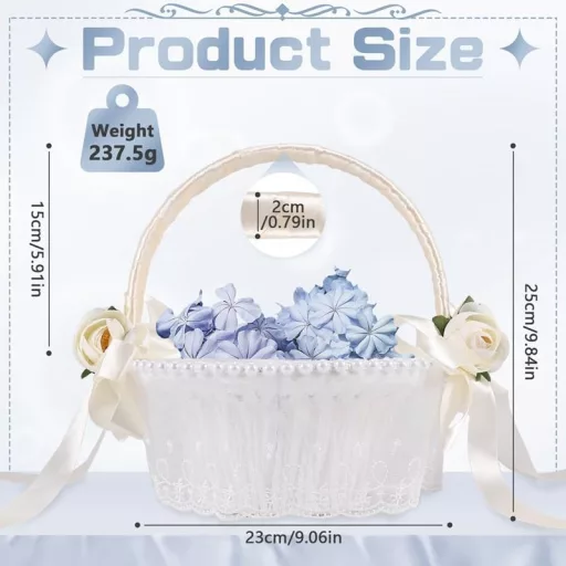 Bzocio Kézműves Virágkosár Esküvői Dekorációhoz - Kerek Luxus Tárolókosár Masnival, Fehér Szatén, 21,5x23,5 cm, Sziromszóró Kislányoknak