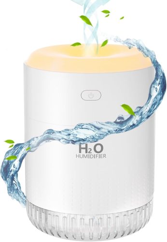 BAMCOO Mini USB Párásító LED Világítással - Állítható, Hordozható Légnedvesítő Éjszakai Fénnyel Hálószobába, Irodába, Gyerekszobába (Fehér)