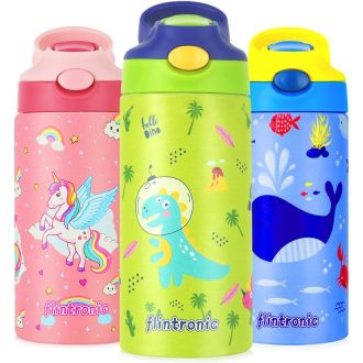   flintronic 350ml Nerezová detská fľaša so slamkou, stláčateľná fľaša na pitie pre škôlkarov – bez BPA