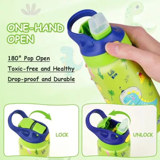 flintronic 350ml Rozsdamentes Gyerek Kulacs Szívószállal, Szorítható Ivópalack Óvodásoknak - BPA Mentes