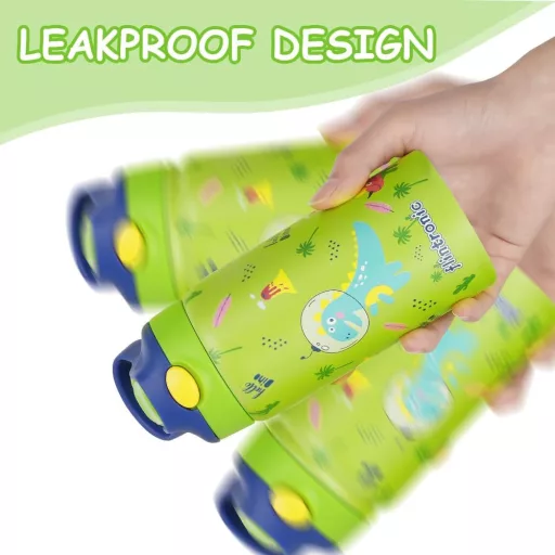 flintronic 350ml Rozsdamentes Gyerek Kulacs Szívószállal, Szorítható Ivópalack Óvodásoknak - BPA Mentes