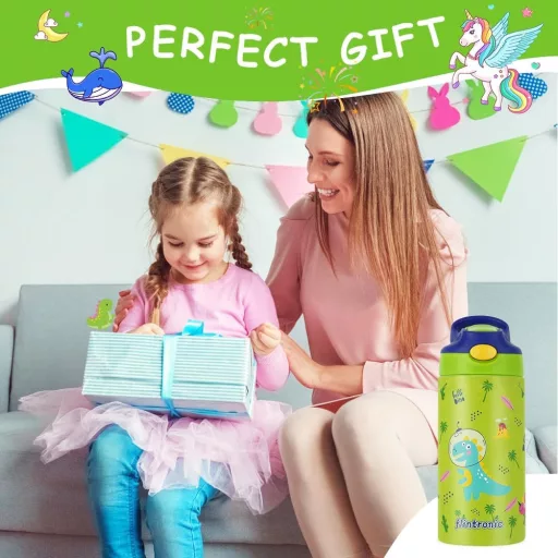 flintronic 350ml Rozsdamentes Gyerek Kulacs Szívószállal, Szorítható Ivópalack Óvodásoknak - BPA Mentes