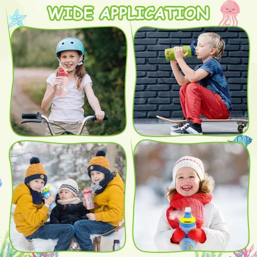 flintronic 350ml Rozsdamentes Gyerek Kulacs Szívószállal, Szorítható Ivópalack Óvodásoknak - BPA Mentes