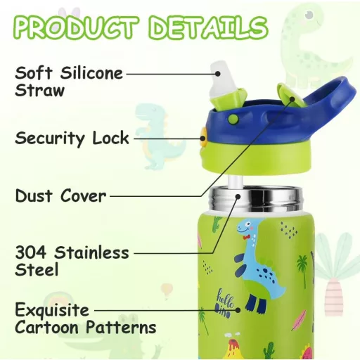 flintronic 350ml Rozsdamentes Gyerek Kulacs Szívószállal, Szorítható Ivópalack Óvodásoknak - BPA Mentes