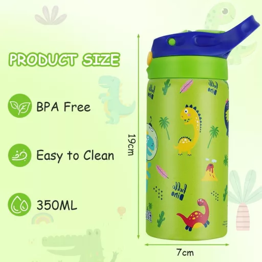 flintronic 350ml Rozsdamentes Gyerek Kulacs Szívószállal, Szorítható Ivópalack Óvodásoknak - BPA Mentes