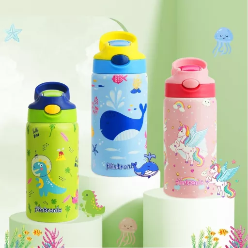 flintronic 350ml Rozsdamentes Gyerek Kulacs Szívószállal, Szorítható Ivópalack Óvodásoknak - BPA Mentes
