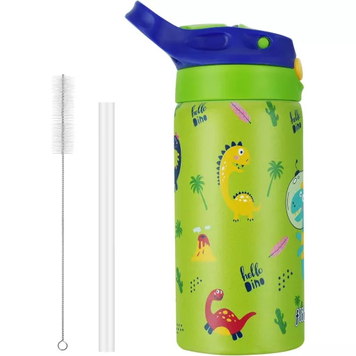 flintronic 350ml Rozsdamentes Gyerek Kulacs Szívószállal, Szorítható Ivópalack Óvodásoknak - BPA Mentes