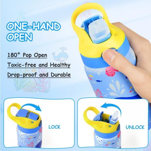 flintronic 350ml Rozsdamentes Gyerek Kulacs Szívószállal, Szorítómentes Ivópalack Óvodásoknak és Iskolásoknak