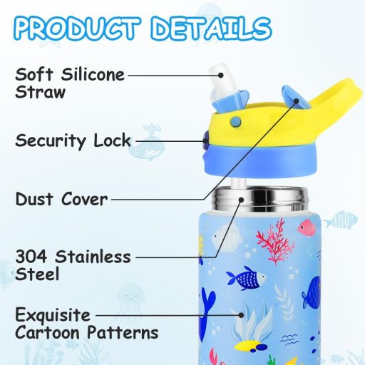 flintronic 350ml Rozsdamentes Gyerek Kulacs Szívószállal, Szorítómentes Ivópalack Óvodásoknak és Iskolásoknak