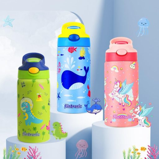 flintronic 350ml Rozsdamentes Gyerek Kulacs Szívószállal, Szorítómentes Ivópalack Óvodásoknak és Iskolásoknak