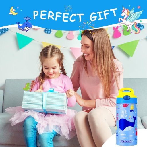 flintronic 350ml Rozsdamentes Gyerek Kulacs Szívószállal, Szorítómentes Ivópalack Óvodásoknak és Iskolásoknak