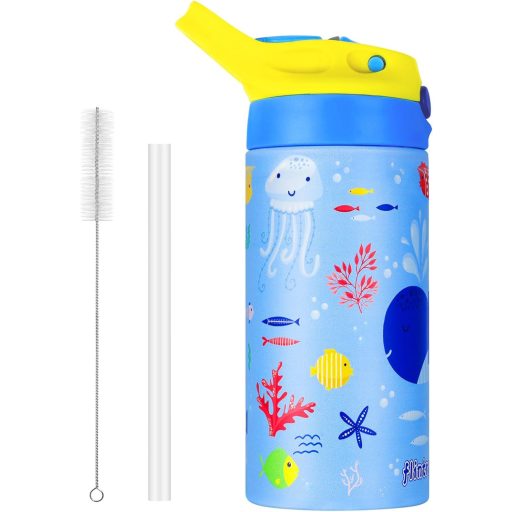 flintronic 350ml Rozsdamentes Gyerek Kulacs Szívószállal, Szorítómentes Ivópalack Óvodásoknak és Iskolásoknak