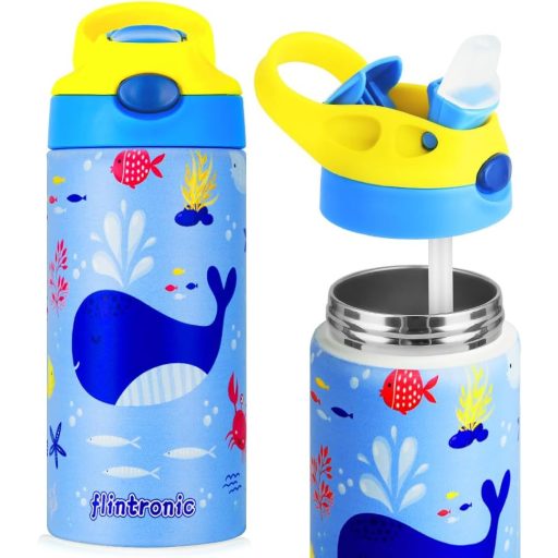 flintronic 350ml Rozsdamentes Gyerek Kulacs Szívószállal, Szorítómentes Ivópalack Óvodásoknak és Iskolásoknak