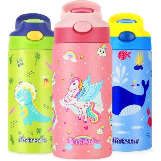   flintronic 350ml Rozsdamentes Gyerek Kulacs Szívószállal, Szorítható Ivópalack Óvodásoknak - BPA Mentes