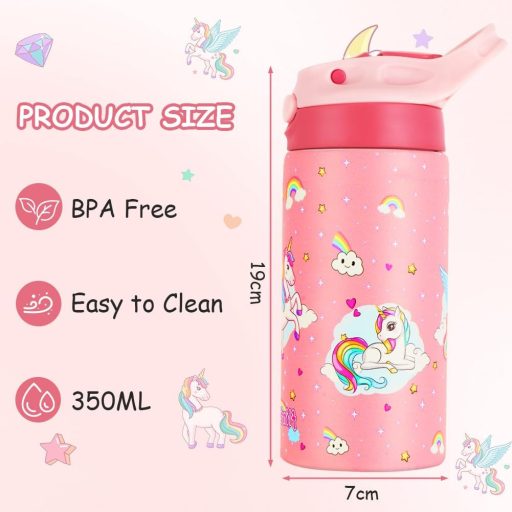 flintronic 350ml Rozsdamentes Gyerek Kulacs Szívószállal, Szorítható Ivópalack Óvodásoknak - BPA Mentes