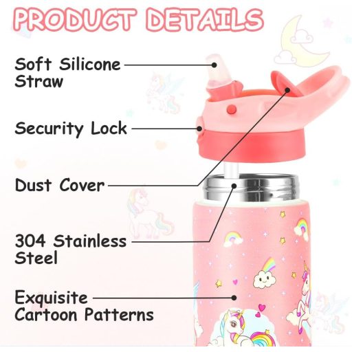 flintronic 350ml Rozsdamentes Gyerek Kulacs Szívószállal, Szorítható Ivópalack Óvodásoknak - BPA Mentes