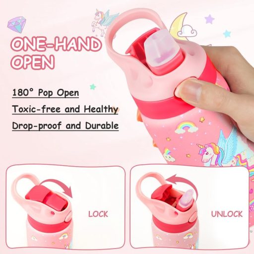 flintronic 350ml Rozsdamentes Gyerek Kulacs Szívószállal, Szorítható Ivópalack Óvodásoknak - BPA Mentes