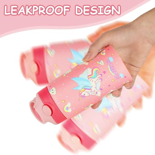 flintronic 350ml Rozsdamentes Gyerek Kulacs Szívószállal, Szorítható Ivópalack Óvodásoknak - BPA Mentes