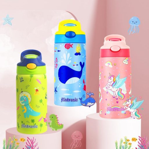 flintronic 350ml Rozsdamentes Gyerek Kulacs Szívószállal, Szorítható Ivópalack Óvodásoknak - BPA Mentes