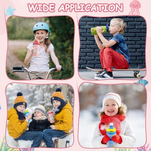 flintronic 350ml Rozsdamentes Gyerek Kulacs Szívószállal, Szorítható Ivópalack Óvodásoknak - BPA Mentes