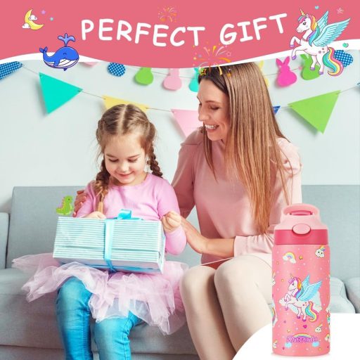 flintronic 350ml Rozsdamentes Gyerek Kulacs Szívószállal, Szorítható Ivópalack Óvodásoknak - BPA Mentes