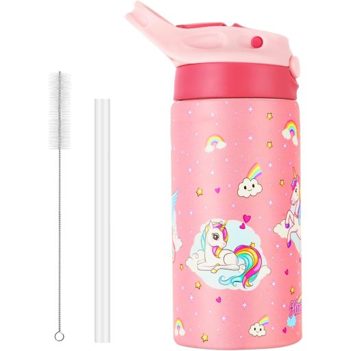 flintronic 350ml Rozsdamentes Gyerek Kulacs Szívószállal, Szorítható Ivópalack Óvodásoknak - BPA Mentes