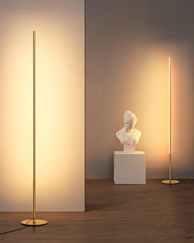 EDISHINE Set de 2 lampadare LED, Auriu, Lampă de colț minimalistă, 146 cm, Cu intensitate reglabilă, 3000K Alb Cald, Comutator de picior, Pentru living, Dormitor