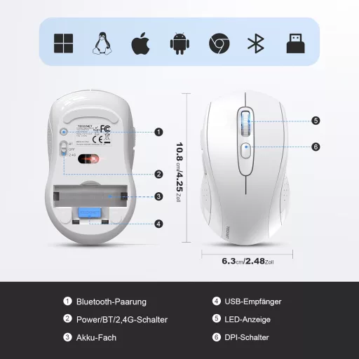 TECKNET Bluetooth Egér 4000 DPI Tri-Mode Vezeték Nélküli Egér Laptophoz PC-hez
