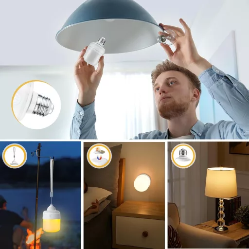 Set 2 becuri LED Pulsky E27 cu încărcare USB-C, telecomandă și reglaj intensitate