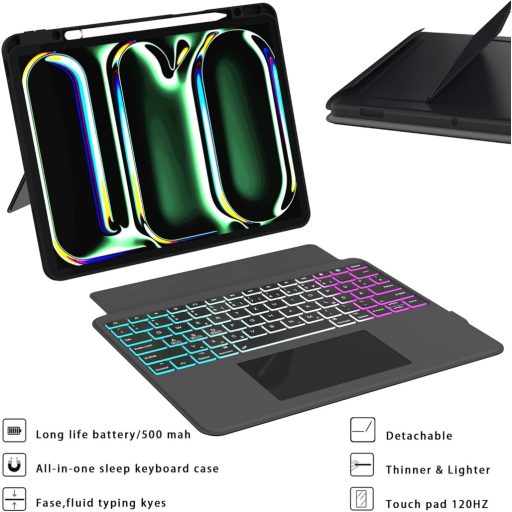 ROOFEI iPad Pro 13 M4 2024 Billentyűzetes Tok - Levehető Bluetooth Billentyűzet Touchpaddal, RGB Háttérvilágítással, Német QWERTZ Kiosztássa