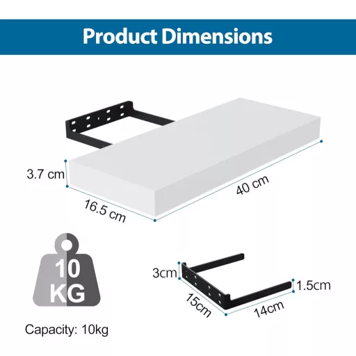 BONTEC Set Rafturi Suspendate de Perete, 40cm Raft de Cărți Alb, Depozitare pe Perete cu Capacitate de 10kg, Sistem Rafturi Decorative din Lemn