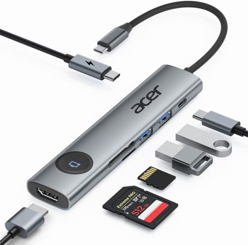 Acer 7-in-1 USB-C Hub - 4K@60Hz HDMI Adapter, 100W PD Töltés, 2 USB 3.0 Port, Kártyaolvasó, Képernyővezérlés - MacBook, Surface, iPhone Komp