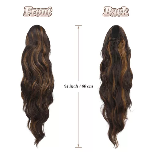 FESHFEN Extensie de păr coadă de cal sintetică ondulată 60cm Negru Caramel Maro