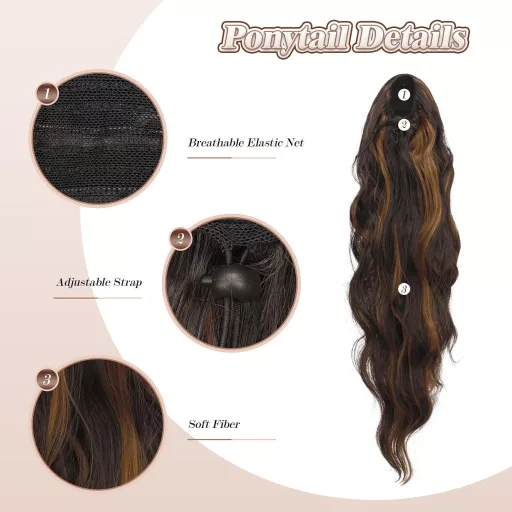 FESHFEN Extensie de păr coadă de cal sintetică ondulată 60cm Negru Caramel Maro