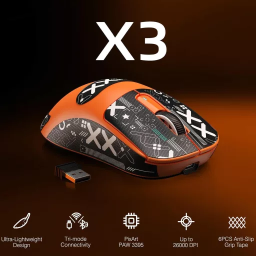 VGN GAMEPOWER Attack Shark X3 49g Ultralight Wireless Gaming Egér, 26000DPI, Narancssárga