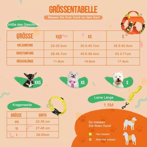 Kaleido set opreme za pse XXS veličine - Lagana oprsnica, ogrlica i povodac za patuljaste pse, narančasta, s reflektirajućom trakom i ručkom