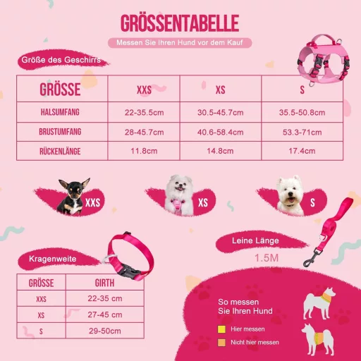 Kaleido Set za pse XS - Lagana oprsnica, ogrlica i povodac za male pse, s ručkom i reflektirajućom trakom, roza