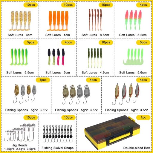 Leeko set za ribolov od 96 dijelova s umjetnim mamcima, spinnerima i setom udica u prozirnoj kutiji.