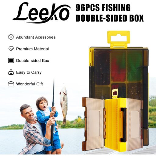 Leeko set za ribolov od 96 dijelova s umjetnim mamcima, spinnerima i setom udica u prozirnoj kutiji.