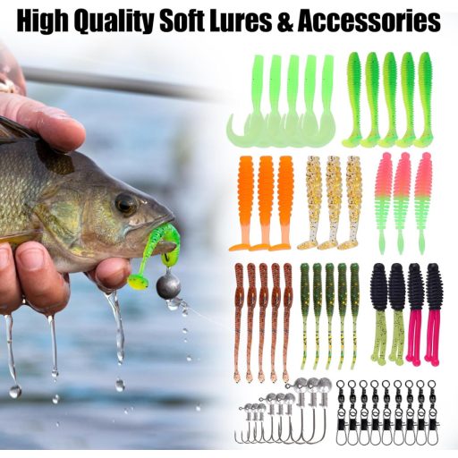 Leeko set za ribolov od 96 dijelova s umjetnim mamcima, spinnerima i setom udica u prozirnoj kutiji.